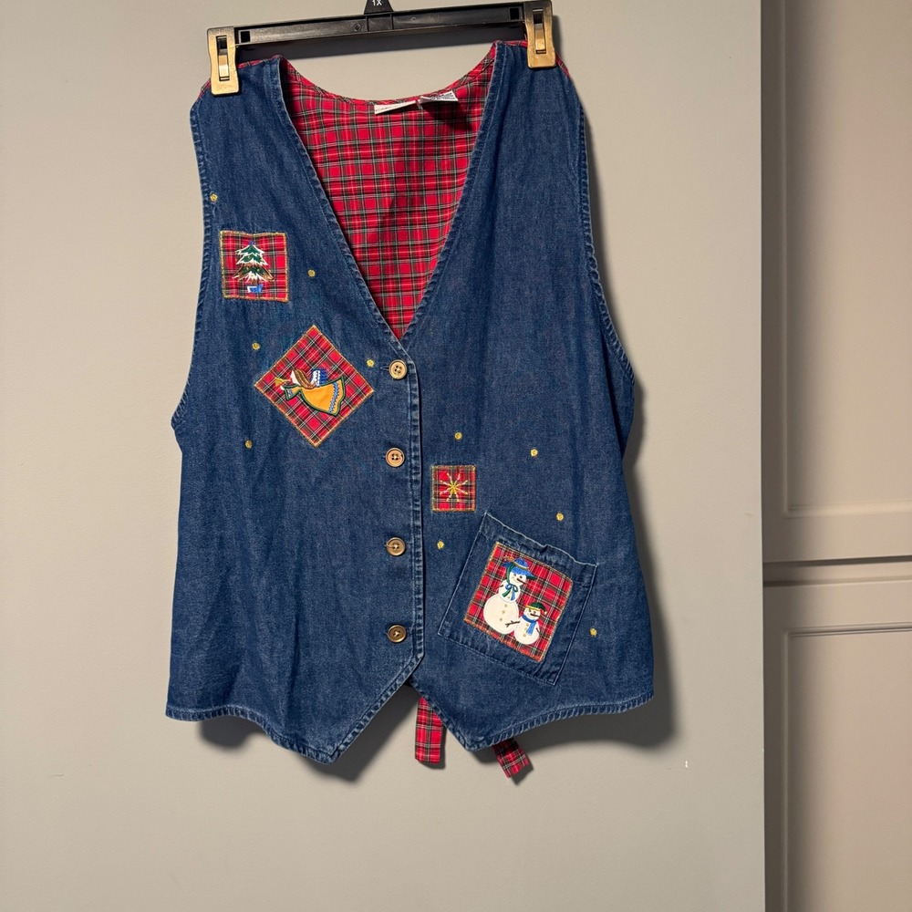 Vintage Cabin‎ Creek Denim Christmas Vest Womens 16W Plaid Angel Snowman Tree